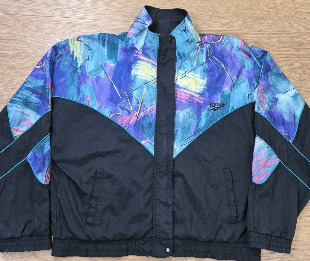 Vintage Reebok Windbreaker Jacket L Multicolor Neon Pattern Lined Retro 90s